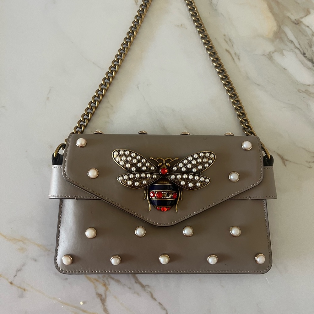 Gray Designer Bee Embellished Shoulder Bag
